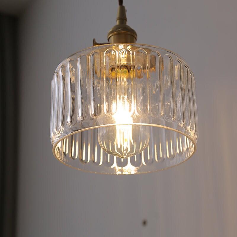 Vintage Style Short Cylinder Pendant Light with Fluted Glass and LED Bulb Included