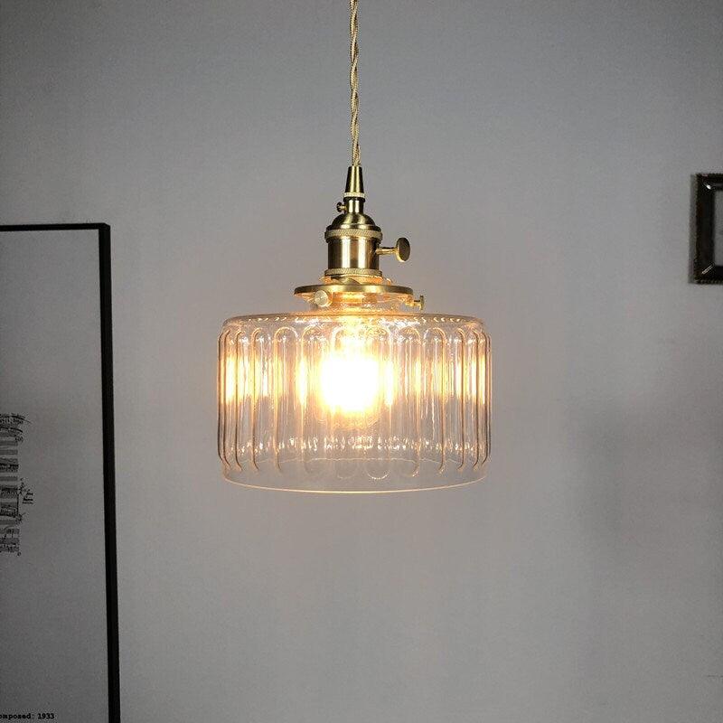 Vintage Style Short Cylinder Pendant Light with Fluted Glass and LED Bulb Included