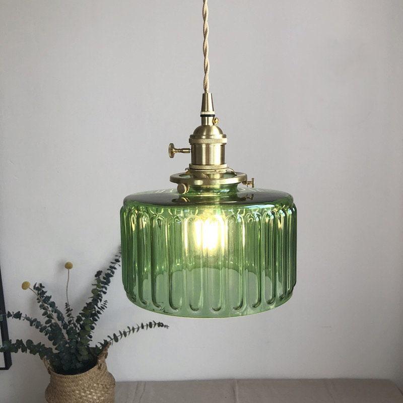 Vintage Style Short Cylinder Pendant Light with Fluted Glass and LED Bulb Included