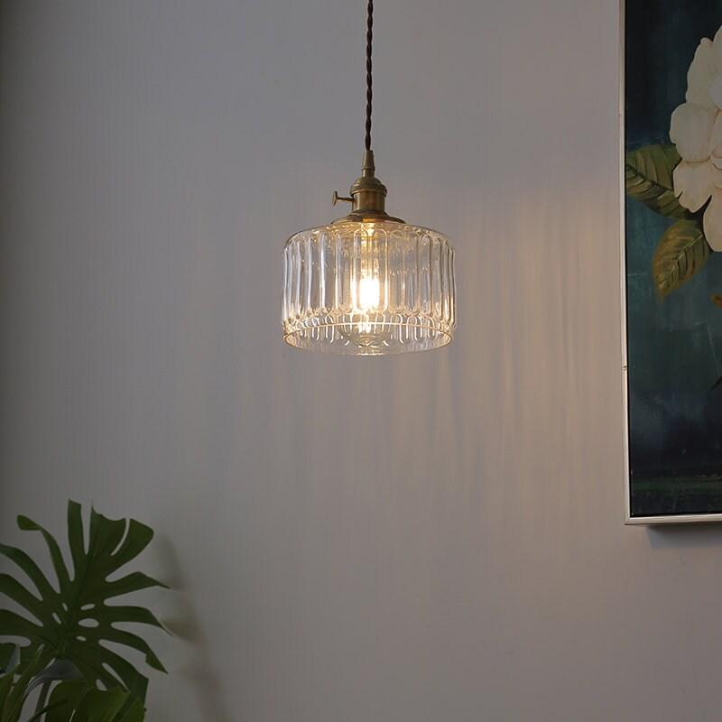 Vintage Style Short Cylinder Pendant Light with Fluted Glass and LED Bulb Included