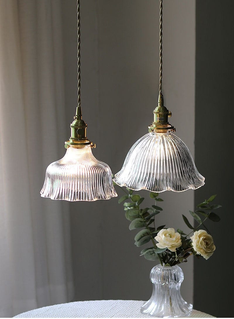 Montfleur French Vintage Fluted Glass Flower Pendant Light With LED Bulb Included
